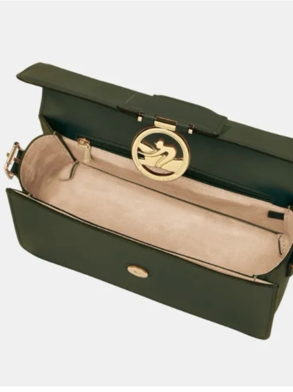 Longchamp Dark Olive Green Trot Box Med Leather Crossbody Bag with Gold Emblem - Picture 5 of 8